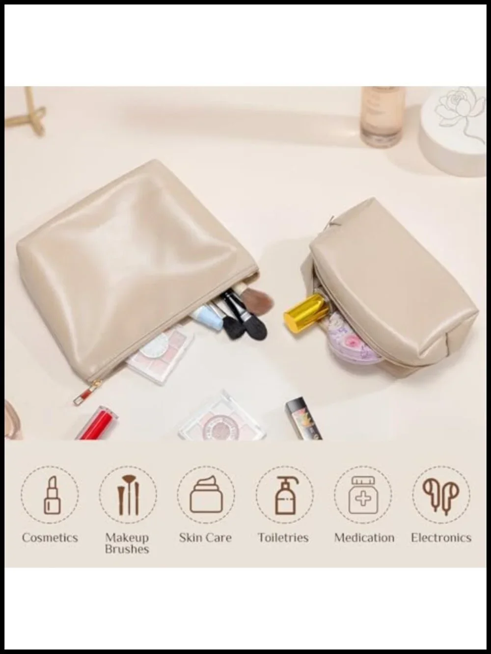 2 Pcs PU Leather Makeup Bag Set Waterproof Cosmetic Travel Toiletry Organizer